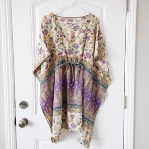 Vintage Floral and Geometric Patterned Dress - Cream and Purple
